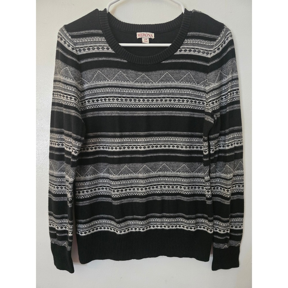 Merona Womens Black White Fair Isle Geometric Knit Pullover Sweater Size Large